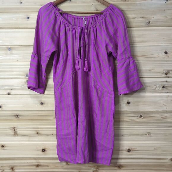 Free People Dress Womens Small Purple Folk Town Linen Blend Fuchsia Striped Mini - Picture 2 of 9